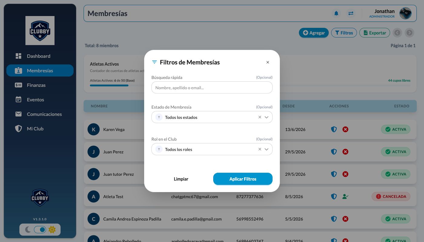 Panel de filtros de membresías