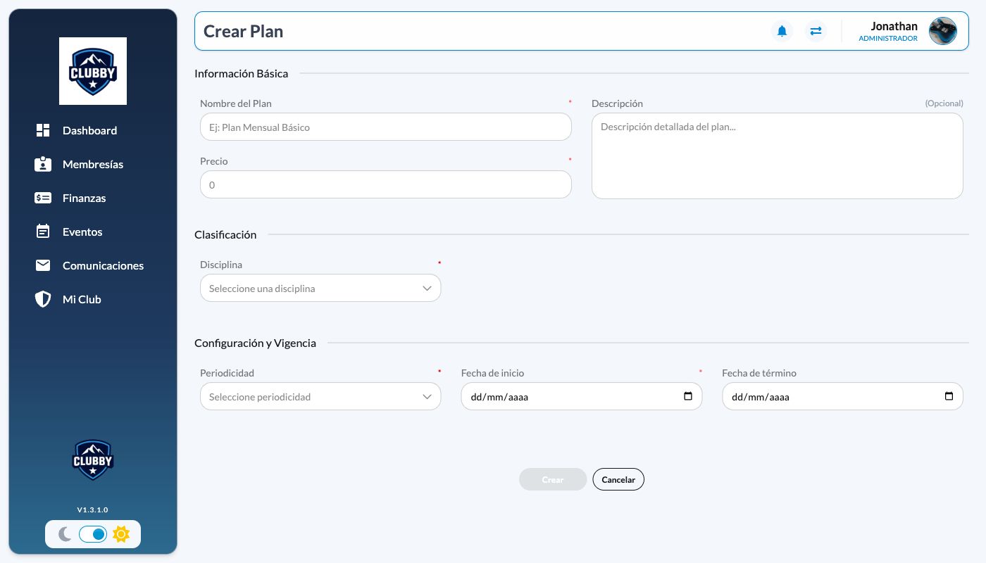 Formulario Crear Plan vacío