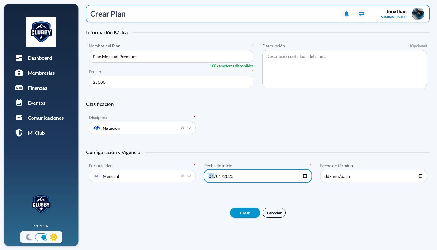 Formulario Crear Plan completado